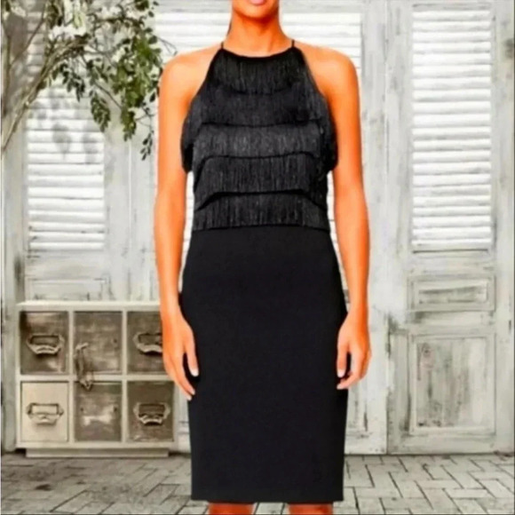 Halston metallic fringe black midi dress - Picture 1 of 12